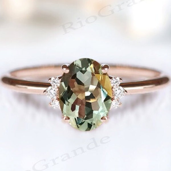 14k Gold Green Amethyst Dainty Engagement Ring Vintage Green Amethyst Solitaire Wedding Ring Oval Shaped Green Amethyst Bridal Ring For Her