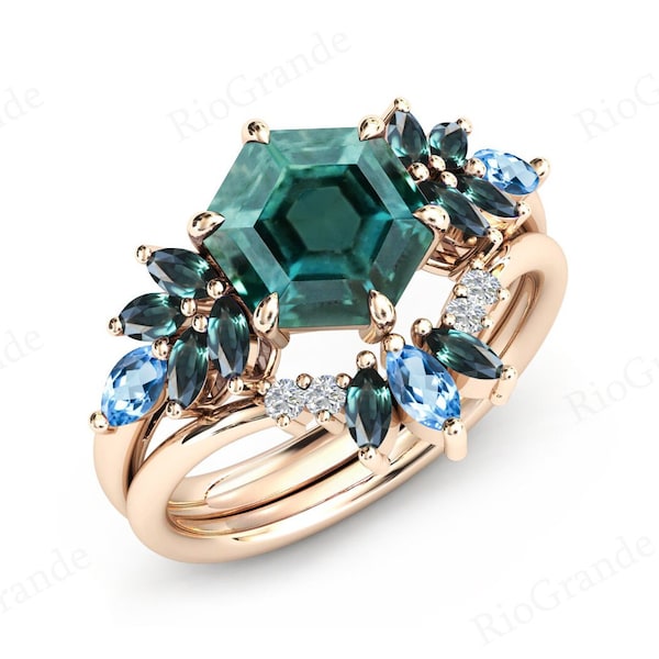 Hexagon Cut Teal Sapphire Engagement Ring Set For Women Cluster Ring Set Art Deco 2 Pce Wedding Ring Set Unique Green Blue Sapphire Ring Set