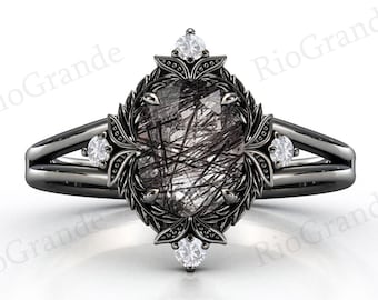 Antique Leaf Style Black Rutile Engagement Art Deco Black Quartz Wedding Ring Vintage Black Rutile Bridal Anniversary Promise Ring For Women