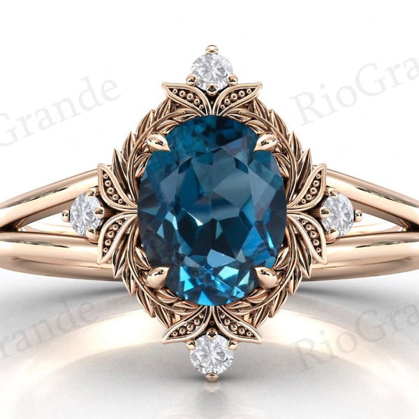 Vine Leaf Vintage London Blue Topaz Engagement Ring Antique 14k Rose Gold Blue Topaz Wedding Ring Art Deco Blue Topaz Bridal Ring For Women