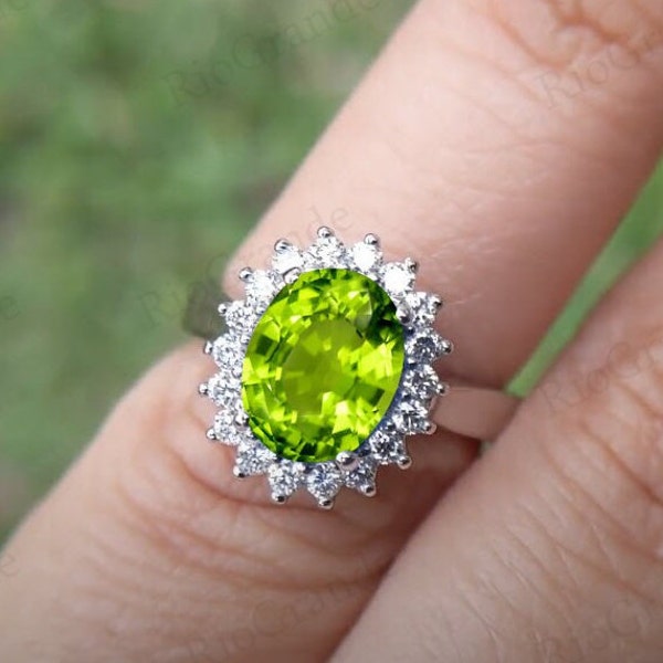 4.3ct Peridot Diana Halo Engagement Ring For Women Unique Diana Princess Ring 14k Rose Gold Peridot Wedding Ring Antique Bridal Promise Ring