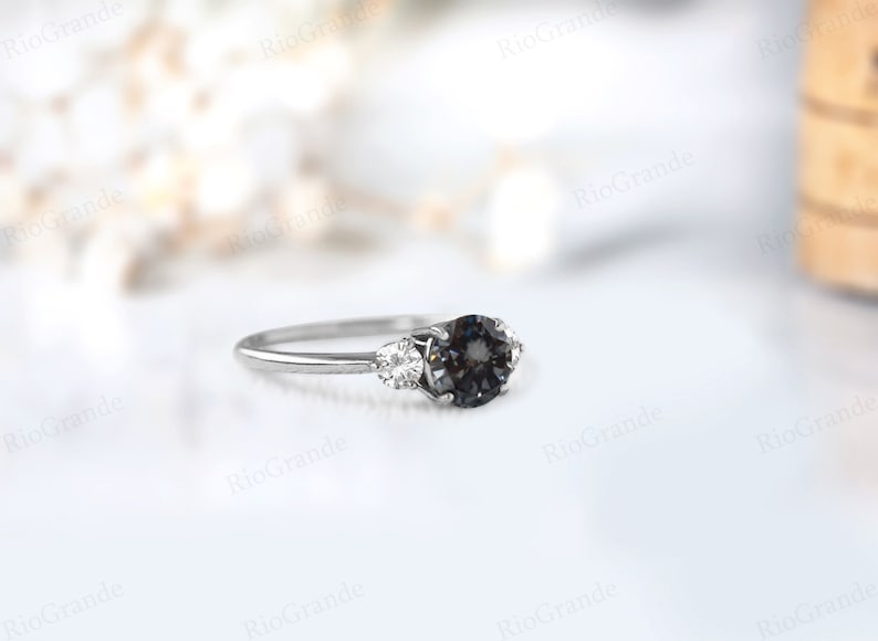 Art Deco Grey Spinel Engagement Ring For Women Three Gemstone Wedding Ring Unique Grey Color Gemstone Ring Vintage Grey Spinel Bridal Ring image 4
