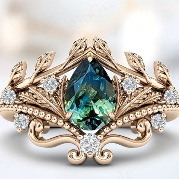 Unique Color Changing Sapphire Engagement Ring Set For Women Art Deco Teal Sapphire Vine Leaf Ring Set Vintage Anniversary Ring Set For Her