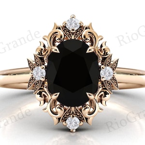 Vintage Black Onyx Engagement Ring For Women Art Deco Filigree Black Onyx Wedding Ring Antique Black Onyx Bridal Anniversary Promise Rings