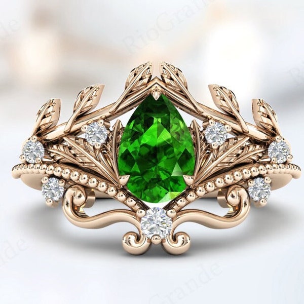 Pear Cut Tsavorite Wedding Ring Set For Women Rose Gold Vine Leaf Engagement Ring Set Art Deco Bridal Promise Ring Set Anniversary Gift