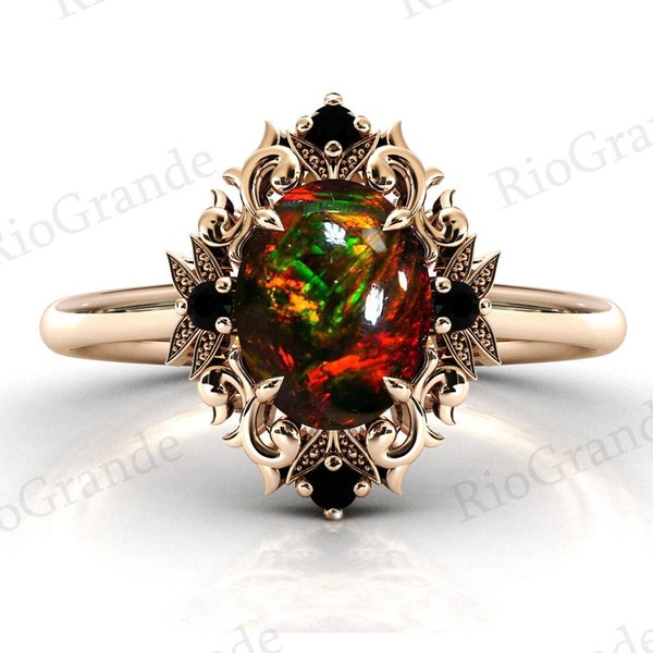 2ct Black Opal Wedding Ring For Women Unique Black Opal Engagement Ring Art Deco Bridal Anniversary Ring 14k Gold Black Opal Ring For Her