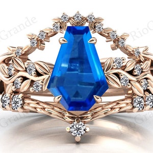 Vine Leaf Style Blue Sapphire Engagement Ring Set Vintage Coffin Shaped Blue Sapphire Wedding Ring Set Art Deco Bridal Anniversary Gift