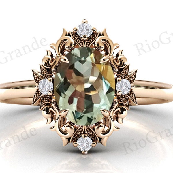 Mint Color Green Amethyst Engagement Ring Art Deco Leaf Style Green Amethyst Wedding Ring 14k Rose Gold Green Amethyst Bridal Ring For Women