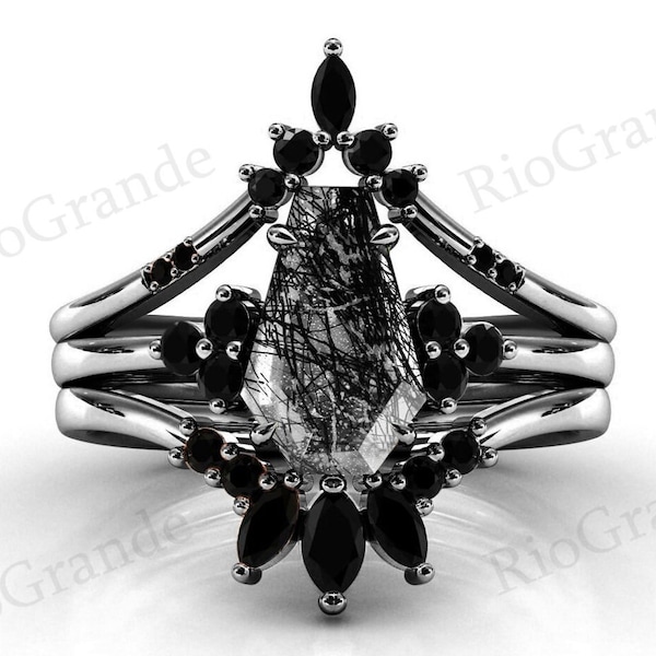 Art Deco Coffin Shape Black Rutile Quartz Engagement Ring Set For Women Black Metal Gemstone Ring Set 925 Silver Black Rutile Bridal Rings