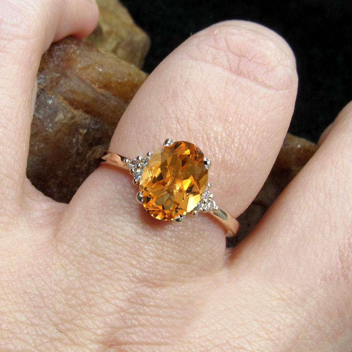 Vintage Style Citrine Diamond Engagement Ring 14k Yellow Gold Etsy