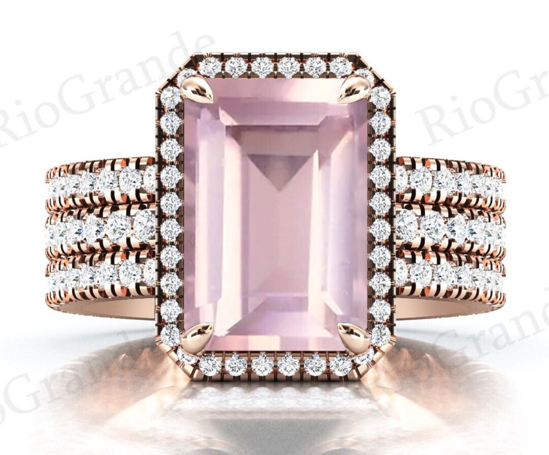 Vintage Rose Quartz Engagement Ring Set Emerald Cut Rose Quartz Wedding