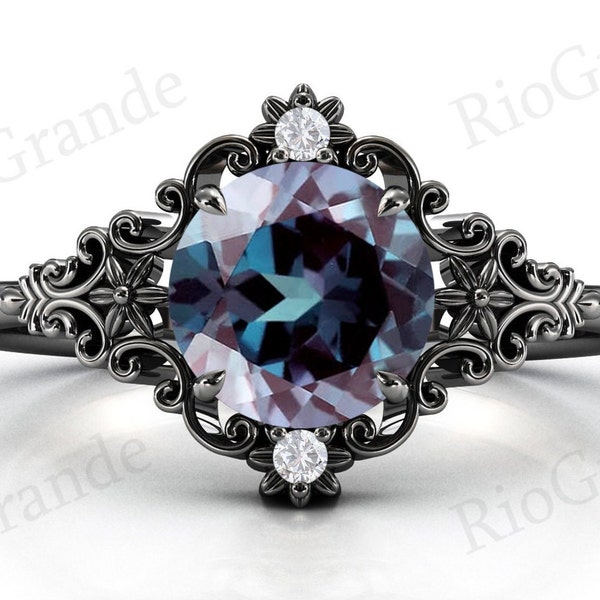 Art Deco Filigree Style Alexandrite Engagement Ring Antique Floral Alexandrite Wedding Ring For Women 925 Silver Alexandrite Bridal Rings