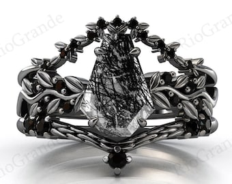 Vine Leaf Style Coffin Shaped Black Rutilated Engagement Ring Set Unique Black Rutile Wedding Ring Set Antique 3pc Bridal Ring Set For Women