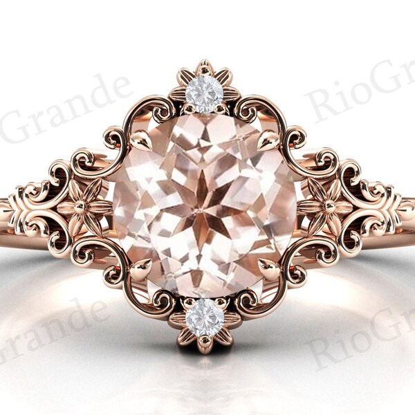 Art Deco Floral Morganite Anillo de Compromiso Vintage Morganite Anillo de Bodas Antiguo Morganite Bridal Ring 14k Gold Morganite Anillo de Compromiso