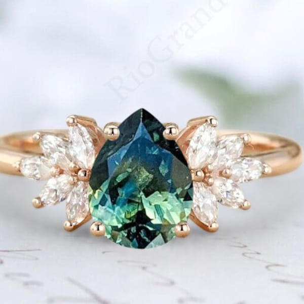 Vintage Pear Cut Teal Sapphire Engagement Ring Unique Color Changing Gemstone Ring Art Deco Cluster Ring Color Changing Gemstone Ring