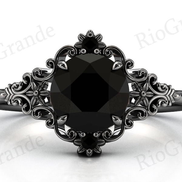 Art Deco Filigree Vintage Black Engagement Ring 925 Silver Black Onyx Wedding Ring For Women Vintage Anniversary Ring Promise Ring For Her