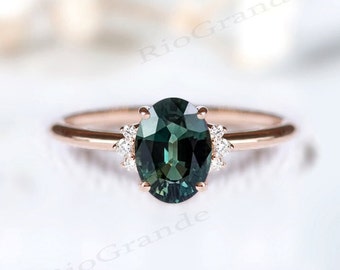 14k Gold Teal Sapphire Solitaire Engagement Ring Color Changing Teal Sapphire Dainty Wedding Ring Oval Shaped Vintage Bridal Ring For Women