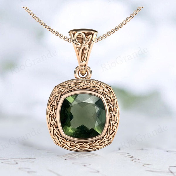 Art Deco Moldavite Pendant 14k Gold Moldavite Wedding Pendant Antique Style Pendant Cushion Cut Green Gemstone Pendant Wedding Gift For Her