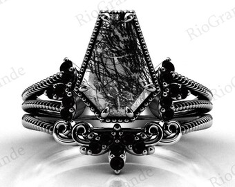 Vintage Coffin Shaped Black Rutilated Engagement Ring Set Black Metal Gemstone Wedding Ring Set Vintage Black Rutilated 2pcs Bridal Ring Set