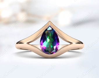 Tension Setting Ring 14k Gold Mystic Topaz Wedding Ring For Women Pear Cut Bio Color Gemstone Ring Unique Solitaire Engagement Ring For Her