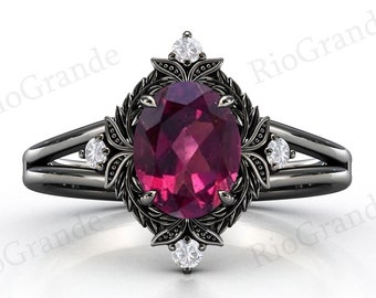 Raspberry Rhodolite Garnet Engagement Ring Art Deco Leaf Style Wedding Ring Antique Rhodolite Garnet Bridal Anniversary Promise Ring For Her