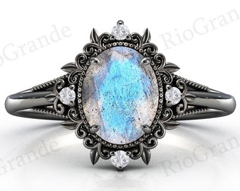 Natural Blue Fire Labradorite Engagement Ring Vintage Labradorite Wedding Ring Antique Wedding Ring Art Deco Labradorite Bridal Promise Ring