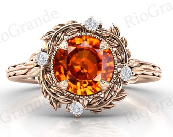 Art Deco Floral Leaf Vine Orange Sapphire Engagement Ring Vintage Orange Sapphire Wedding Ring Antique Unique Bridal Promise Ring For Women