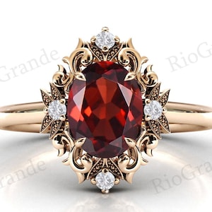 Natural Red Garnet Engagement Ring For Women Red Gemstone Ring Art Deco Leaf Design Wedding Ring 14k Gold Red Garnet Bridal Promise Ring