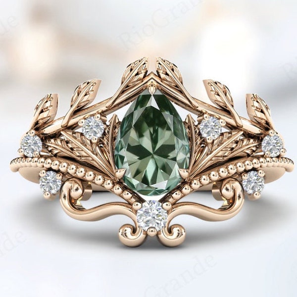 Mint Color Green Amethyst Engagement Ring Set For Women Vintage 2 Pce Wedding Ring Set Art Deco Pear Cut Amethyst Vine Leaf Bridal Ring Set