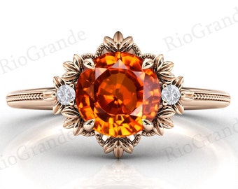 Art Deco Floral Orange Sapphire Engagement Ring 14k Rose Gold Orange Sapphire Wedding Ring For Women Antique Bridal Anniversary Promise Ring