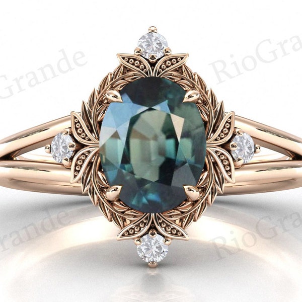 Color Changing Teal Sapphire Engagement Ring Vintage Teal Sapphire Wedding Ring 14k Rose Gold Teal Sapphire Bridal Promise Ring For Women