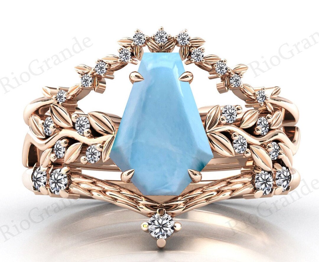 Hoja de vid estilo ataúd en forma de anillo de compromiso de Larimar