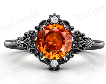 Antique Filigree Orange Sapphire Engagement Ring For Women Art Deco Floral Orange Sapphire Wedding Ring Vintage Orange Sapphire Bridal Ring