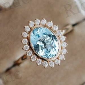 Vintage Aquamarine Engagement Ring 14k Rose Gold Aquamarine Halo Wedding Ring Art Deco Antique Aquamarine Bridal Anniversary Ring For Women