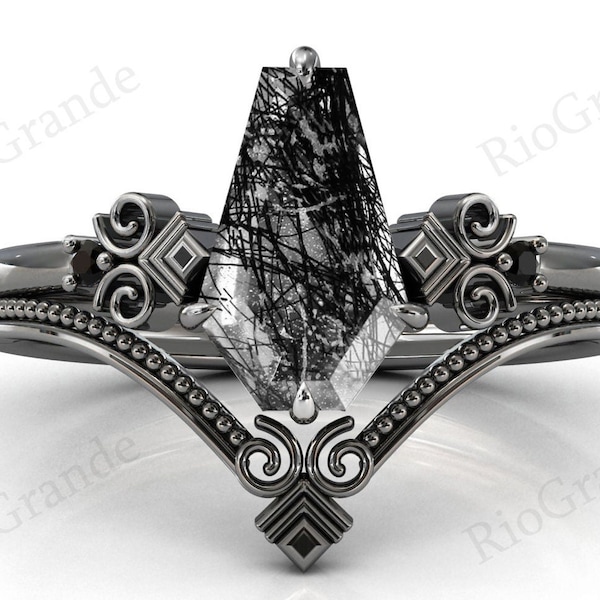 Coffin Shaped Black Rutiled Engagement Ring Set Black Metal Gemstone Ring Set Art Deco Black Rutile Wedding Ring Set Antique Bridal Ring Set