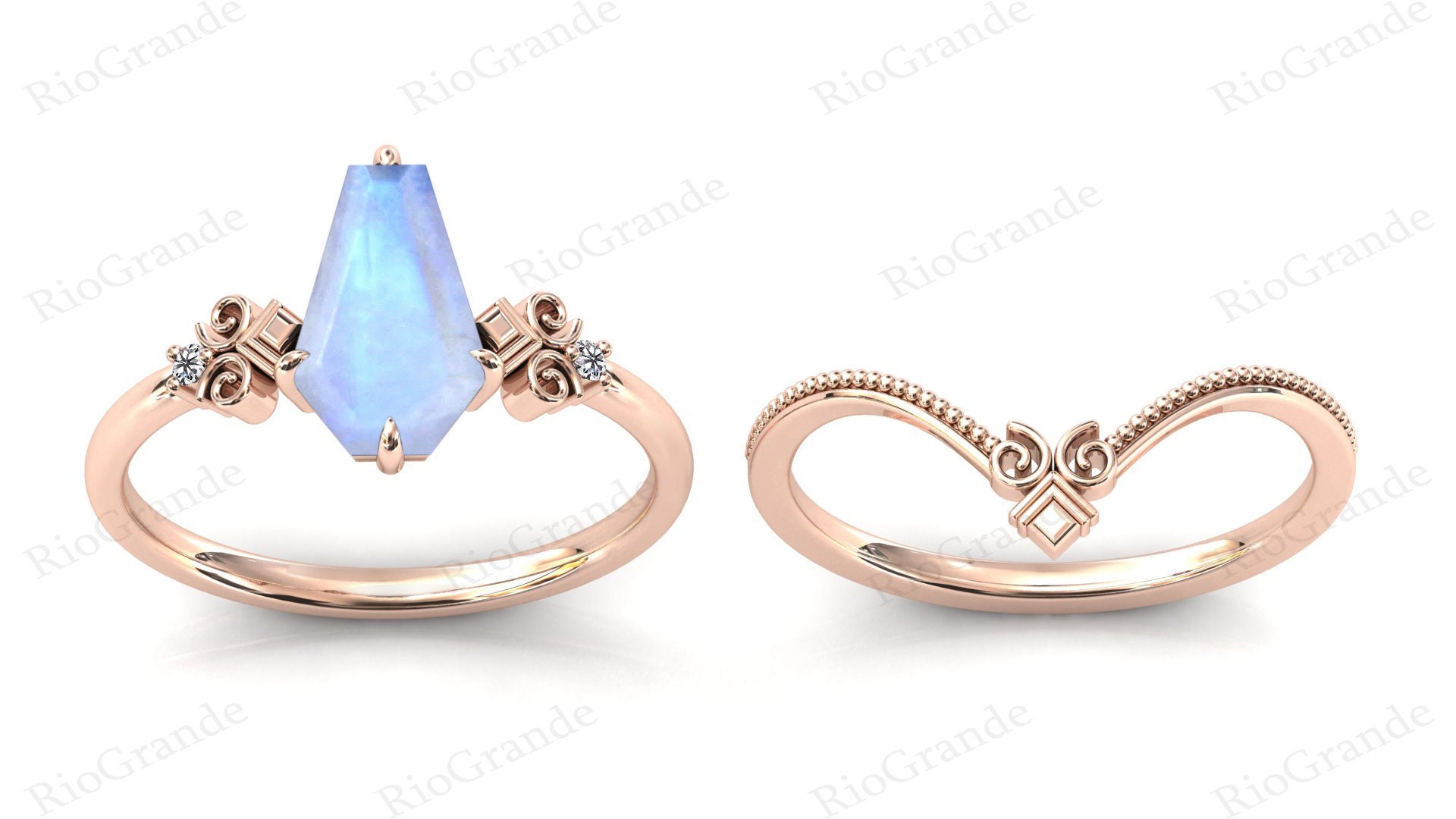 Coffin Shaped Moonstone Engagement Ring Set Vintage Moonstone Etsy