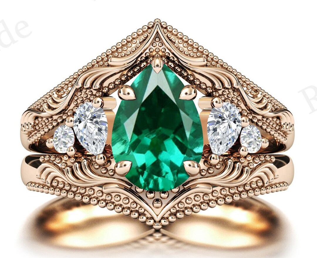 14k Gold Emerald Engagement Ring Set Art Deco Emerald Wedding Ring Set