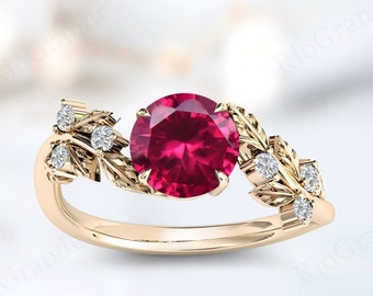 Art Deco Vine Leaf Ruby Engagement Ring For Women Vintage Ruby Wedding Ring Antique Anniversary Ring 14k Gold Ruby Bridal Ring Gift For Her
