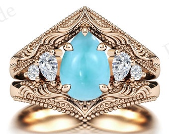 Antique Pear Shaped Larimar Engagement Ring Set Vintage 14k Gold Larimar Wedding Ring Set Art Deco Larimar 2 Piece Bridal Ring Set For Women