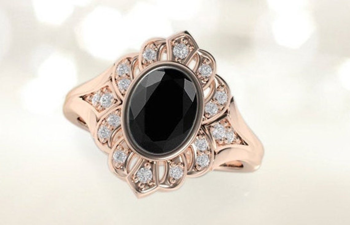 Art Deco Black Onyx Wedding Ring 18k Rose Gold Black Onyx