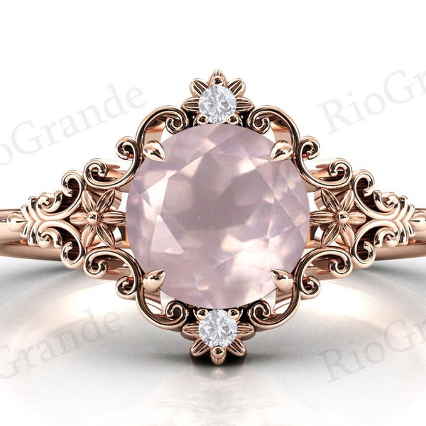 Antique Floral Design Rose Quartz Engagement Ring Art Deco Rose Quartz Wedding Ring 14k Rose Gold Rose Quartz Bridal Promise Ring For Women