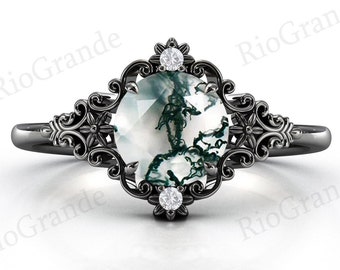 Moss Agate Engagement Ring Antique Floral Wedding Ring Art Deco Filigree Wedding Ring Vintage Moss Agate Bridal Anniversary Ring For Women