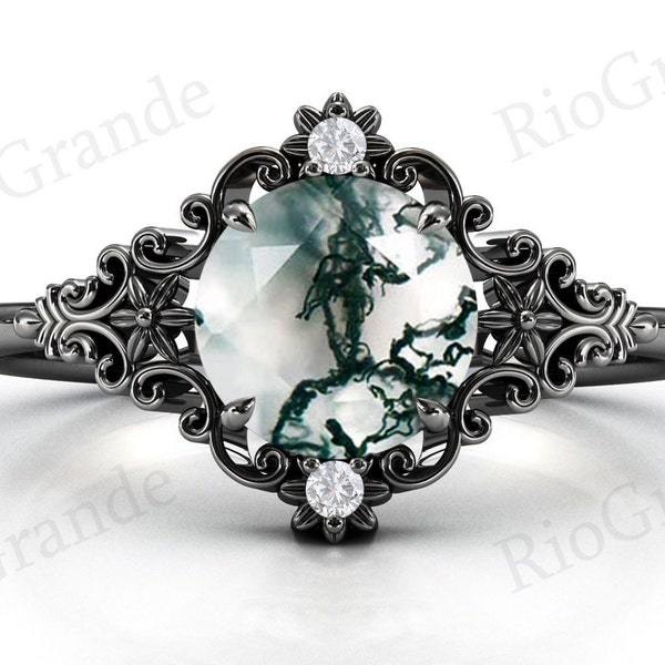 Moss Agate Engagement Ring Antique Floral Wedding Ring Art Deco Filigree Wedding Ring Vintage Moss Agate Bridal Anniversary Ring For Women