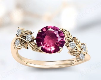Raspberry Rhodolite Garnet Engagement Ring For Women Vintage Vine Leaf Garnet Wedding Ring Antique Anniversary Ring Art Deco Bridal Ring