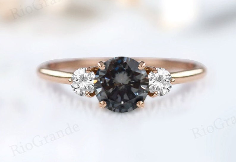 Art Deco Grey Spinel Engagement Ring For Women Three Gemstone Wedding Ring Unique Grey Color Gemstone Ring Vintage Grey Spinel Bridal Ring image 1