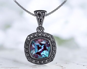 Unique Alexandrite Necklace For Women Art Deco Wedding Pendant Cushion Cut Alexandrite Antique Style Pendant 925 Silver Statement Pendant