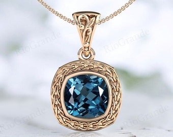 London Blue Topaz Necklace For Women Blue Gemstone Pendant Art Deco Antique Pendant Unique Statement Pendant Cushion Cut Gemstone Necklace