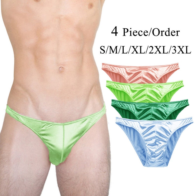 4Piece/Order Men Panties Thong Brief Sexy Plus Size Men's Underwear Satin Silky S/M/L/XL/2XL/3XL 