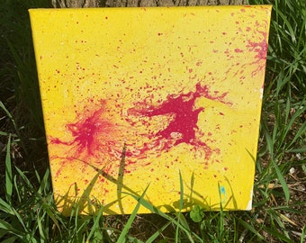 10x10" Canvas Painting w/ Yellow and Pink, Hydro-dip, Wall Art