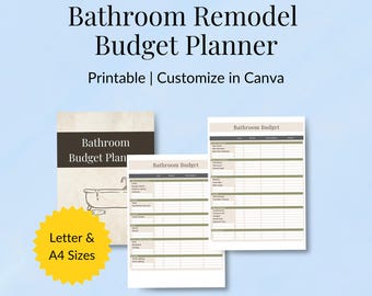 May include: A light blue background with a bathroom budget planner. The planner includes a cover and two pages with a list of items to budget. The cover says "Bathroom Budget Plan". The planner is available in Letter and A4 sizes.